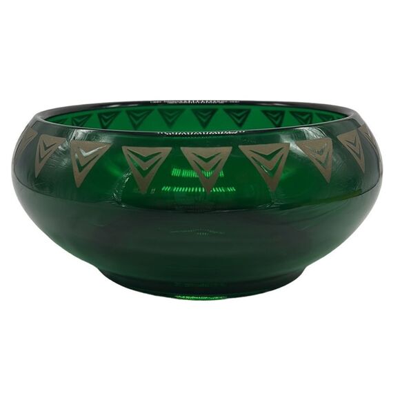 Dalzell Viking Bowl Vintage Green Glass Gold Triangles Hollywood Regency Heavy - Picture 7 of 12